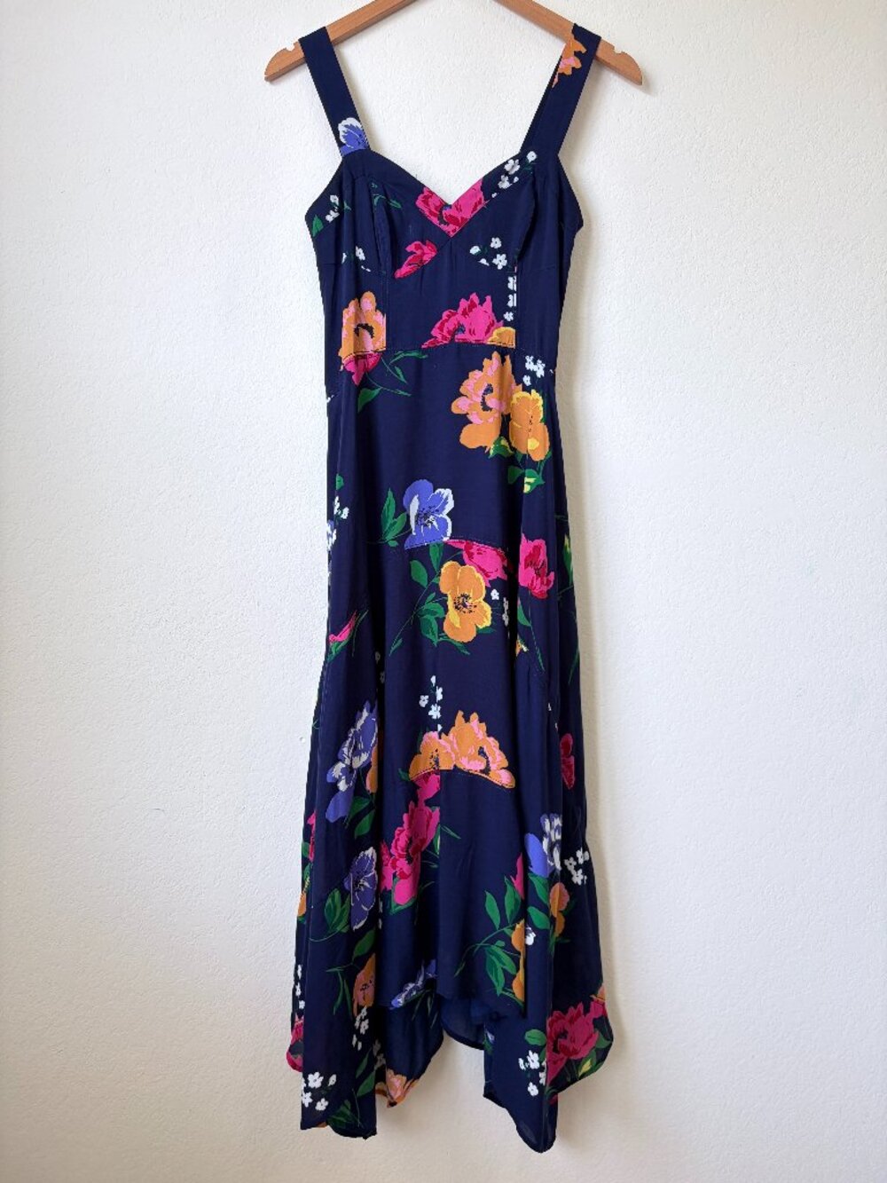Anthropologie Navy Floral Midi Dress with Pink, Orange, Purple Accents